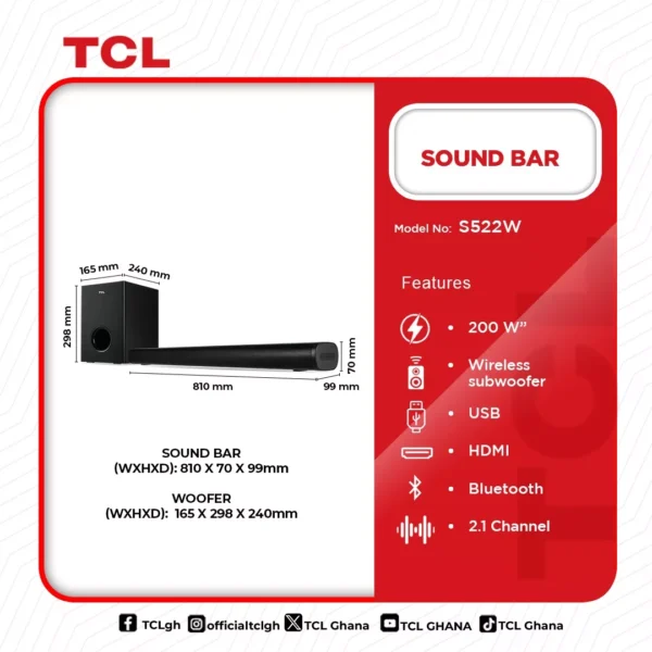 TCL Sound Bar 2.1 Channel (200W)