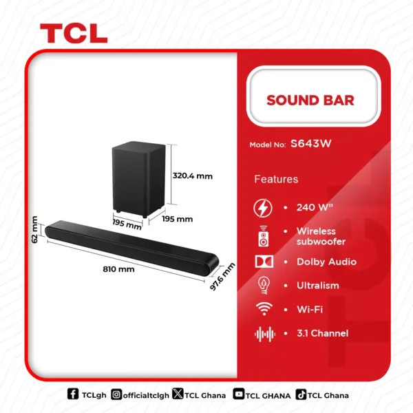 TCL Sound Bar 3.1 Channel (240w)