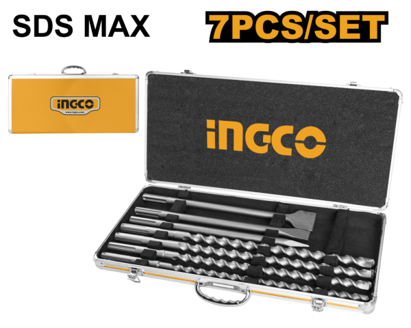 Ingco 7 Pcs SDS max hammer drill bit and chisel set