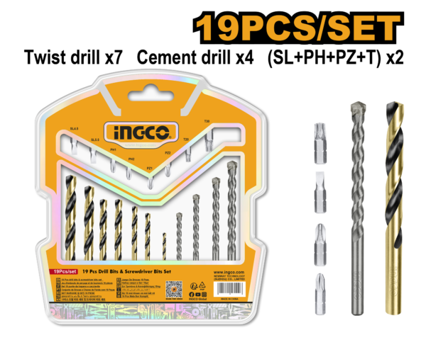 Ingco 19 Pcs drill bits & screwdriver bits set