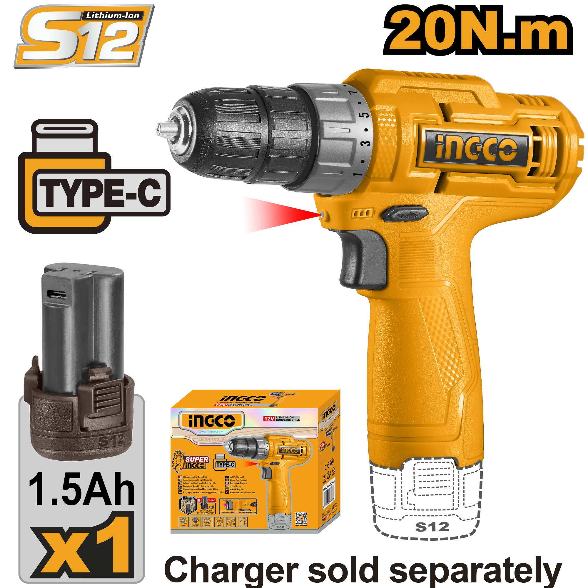 Cordless drill 12V Type-C + Battery – P1C10