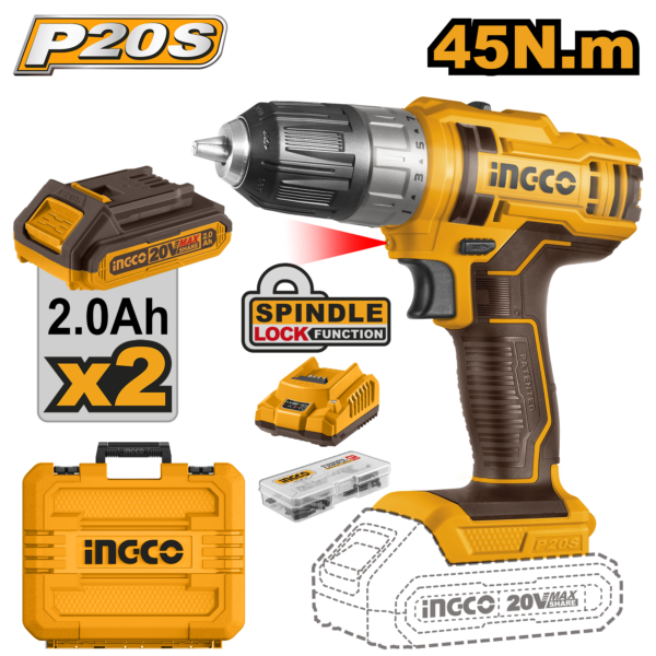 Ingco Lithium-Ion cordless drill 20V 45Nm + 2 Battery – C5