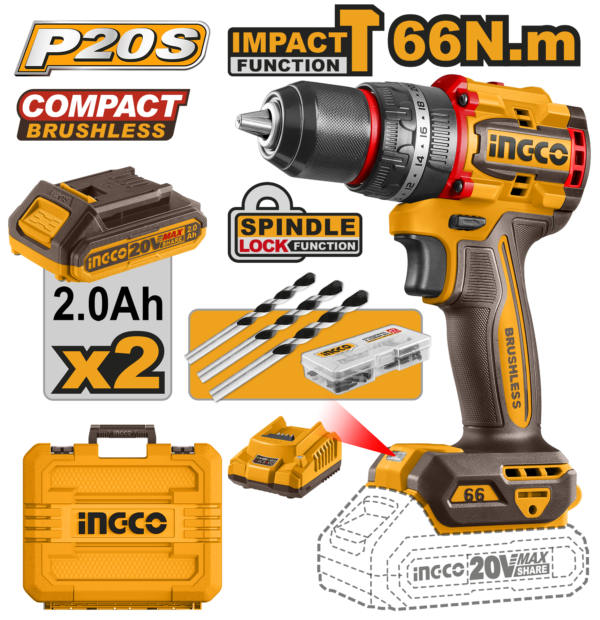 Ingco Cordless Impact Drill 20V 66Nm + 2 Battery