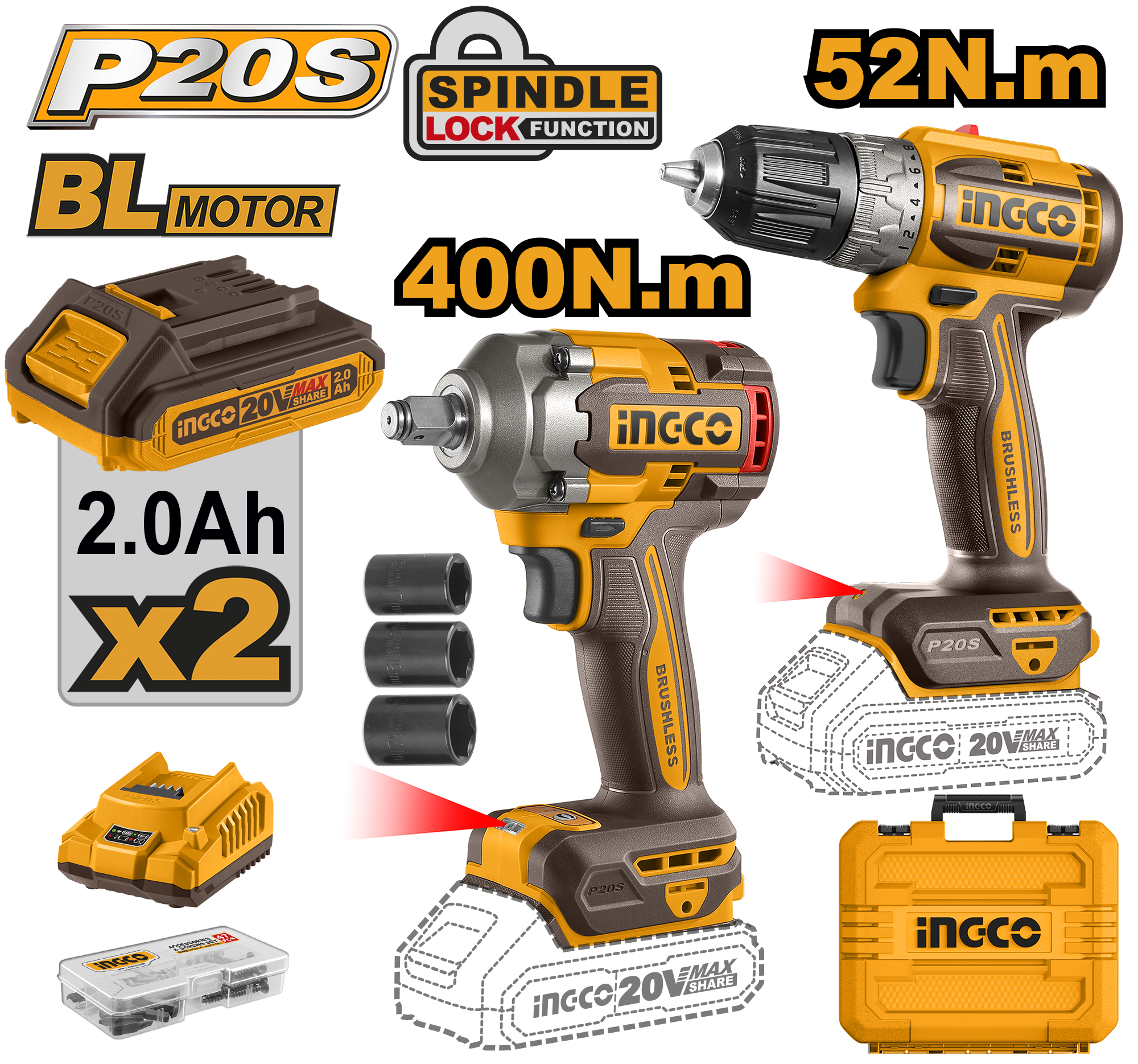 Cordless 2 pcs combo kit drill + wrench 20V – P1C4