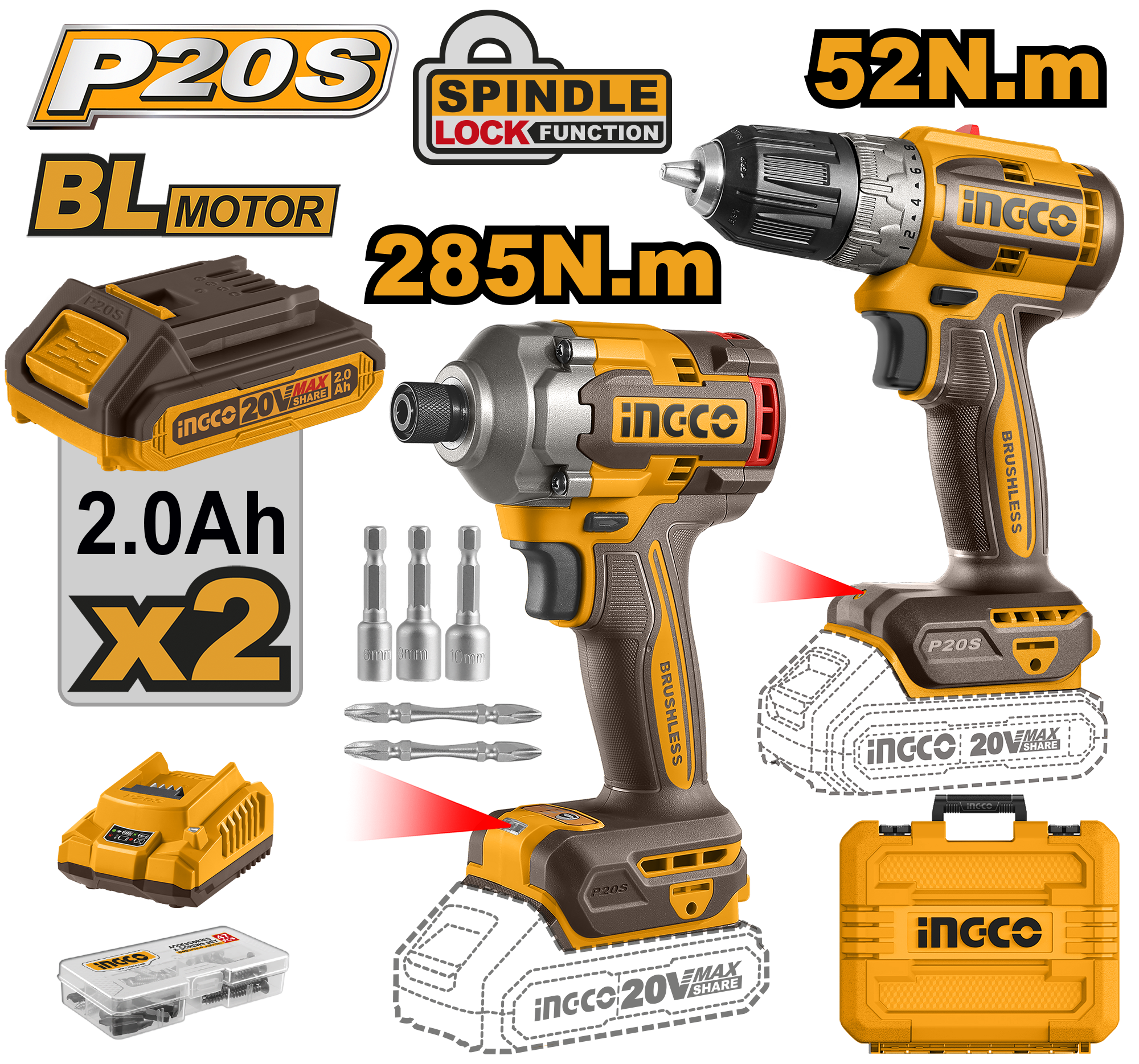 Cordless 2 pcs combo kit drill + driver 20V – P1C4