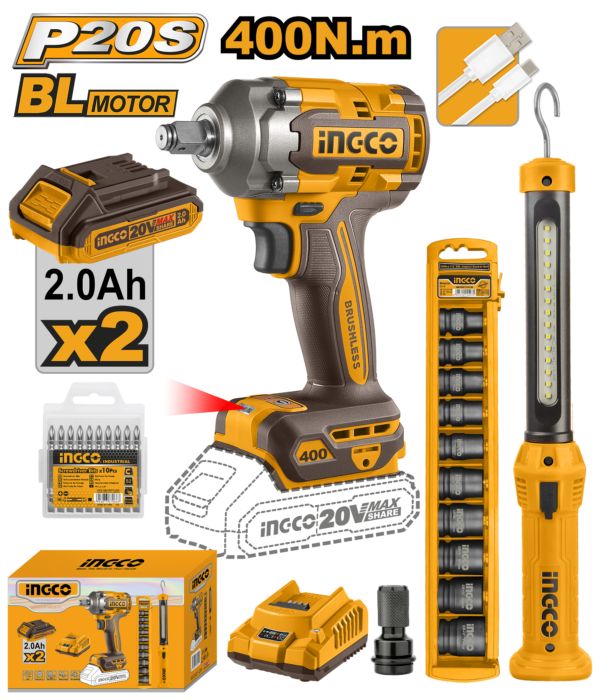 Ingco Cordless Impact Wrench 20V 400Nm + 2 Battery + Socket Set + Work Lamp