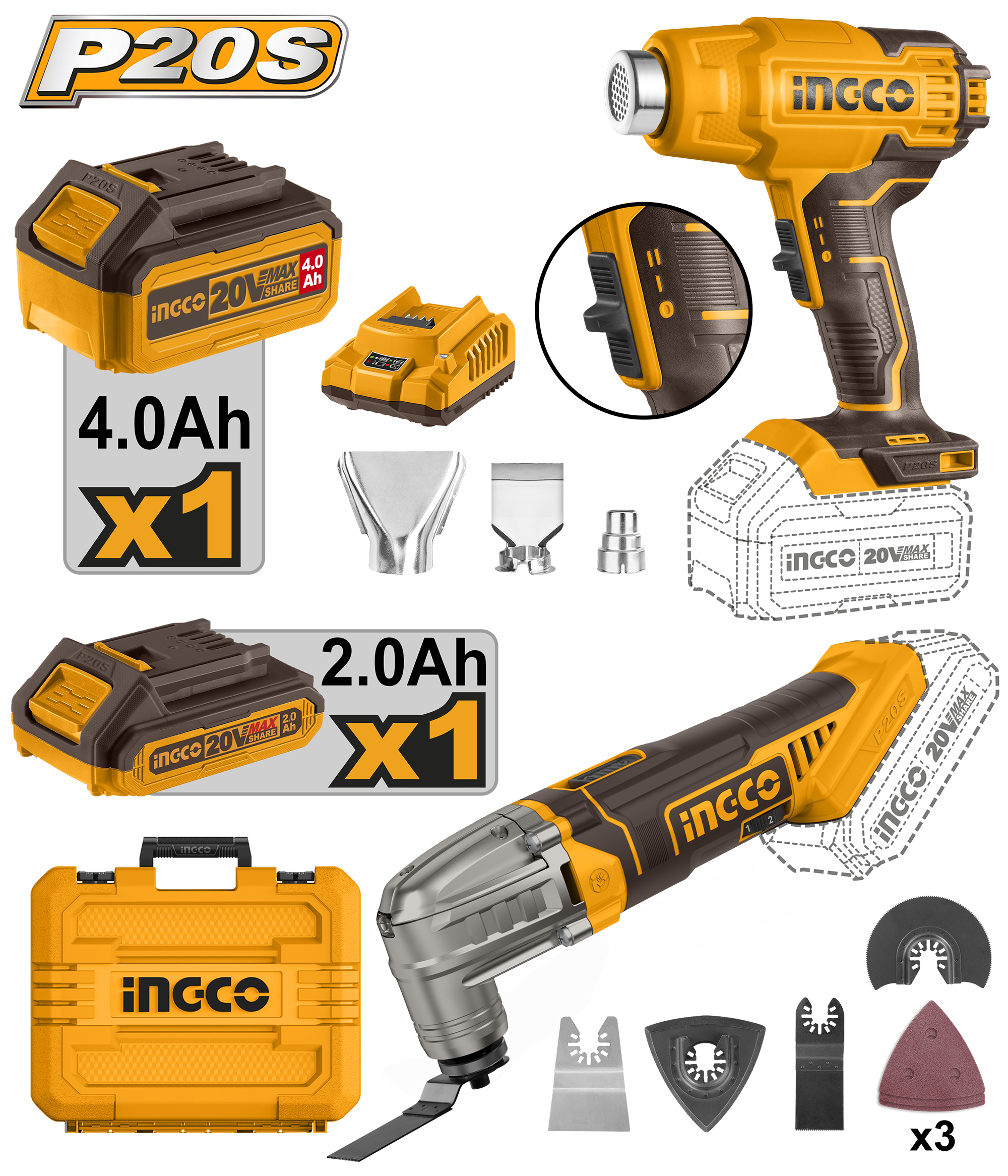 Cordless 2 Pcs combo kit Heat Gun + Multi Tool 20V – P1C4