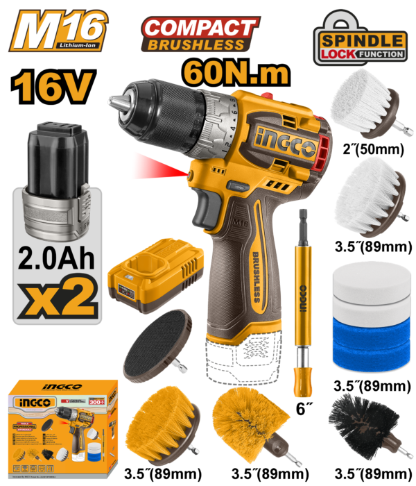 Ingco Cordless drill 16V 60Nm + 2 Battery + 11 pcs Cleaning brush