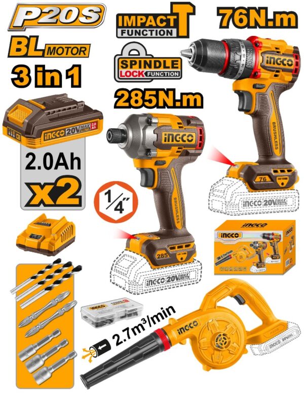 Cordless 20V Impact Drill 76Nm + Impact Driver 285Nm + Blower + 2 Battery