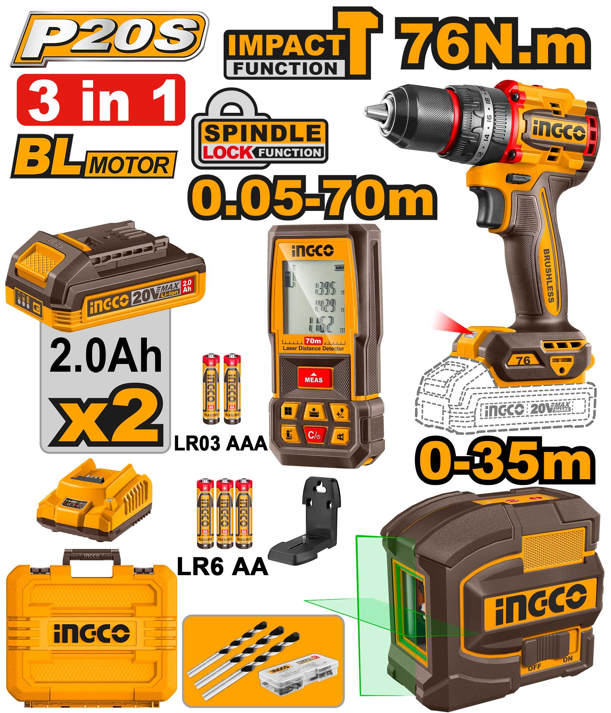 Cordless Drill 20V 76Nm + 2 Battery + Laser Level 35m + Distance Detector 70m