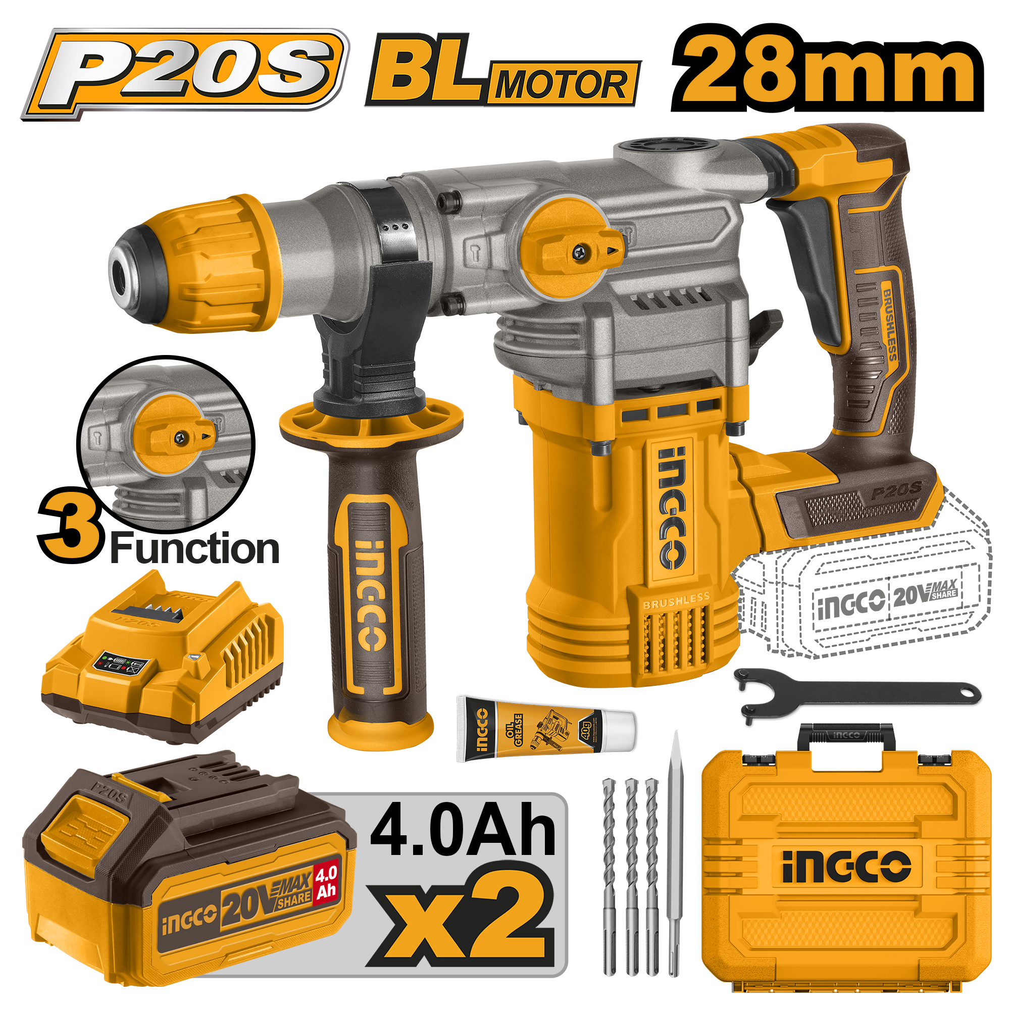 Lithium-Ion rotary hammer set 20V 28mm + 2 Battery & Charger – C2
