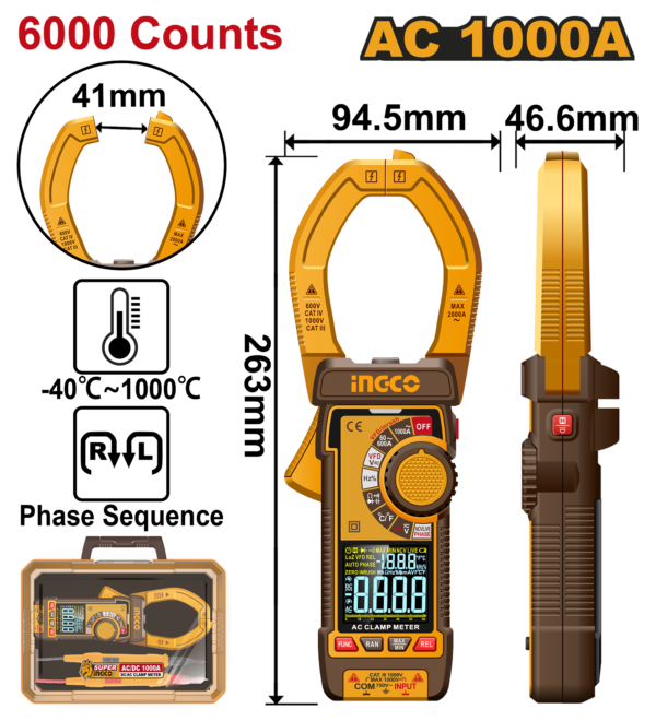 Ingco Digital AC clamp meter 1000A 6000 Counts