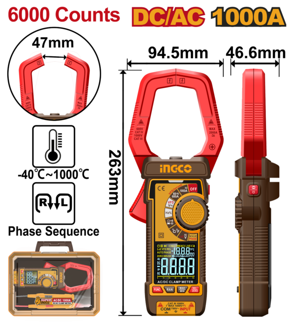 Ingco DC/AC clamp meter 1000A 6000 Counts