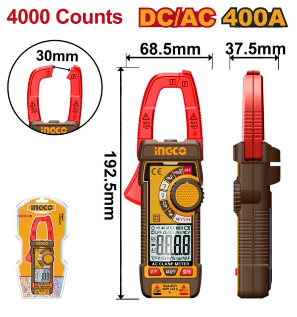 Ingco DC/AC clamp meter 400A 4000 Counts