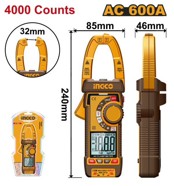 Ingco Digital AC clamp meter 600A 4000 Counts