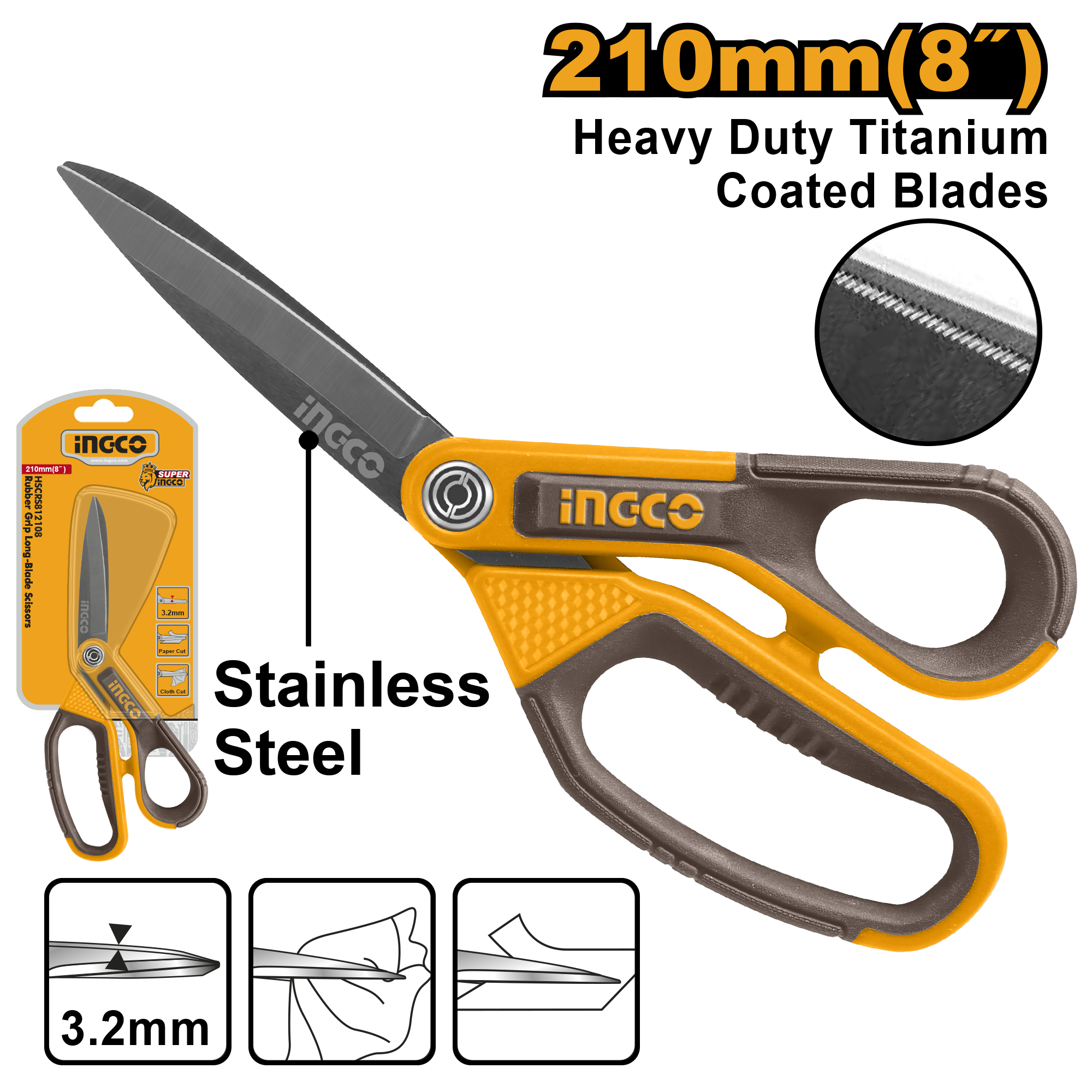 Rubber grip long-blade scissors