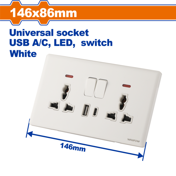Wadfow Universal Double Socket 13A + USB-A + USB – C